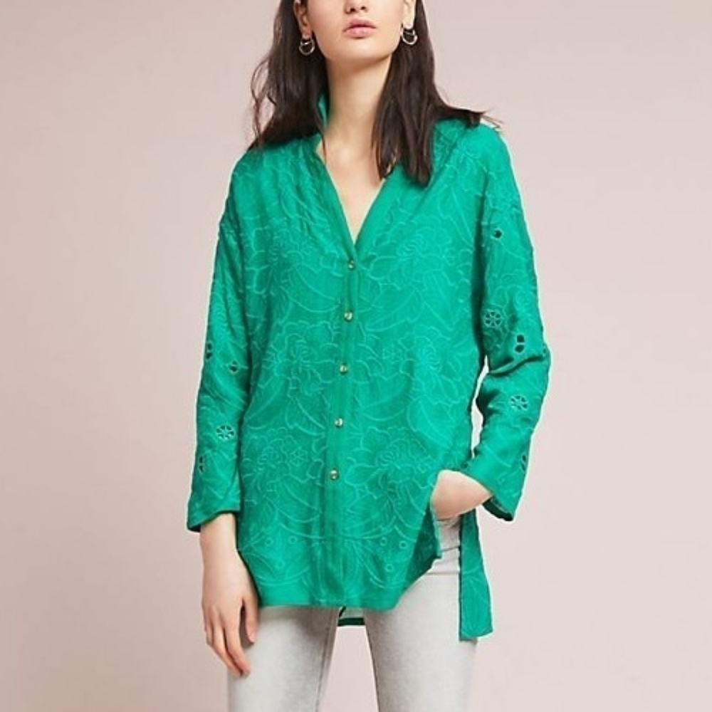 Anthropologie Abacos green eyelet lace tunic top Long Sleeve Small New NWT